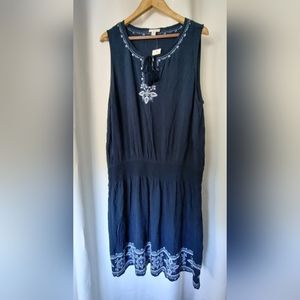 J. Jill Navy Blue Sleeveless Round Neck Embroidered Elastic Waist Midi Dress XL